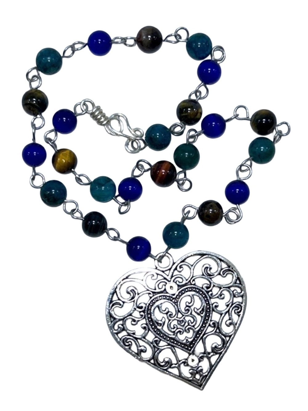 Handmade Large Filigree Heart Pendant Necklace with Natural Tiger Eye Stones!